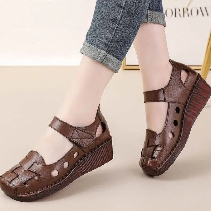 Genuine Leather Woven Shoes Mom Flat Sandals