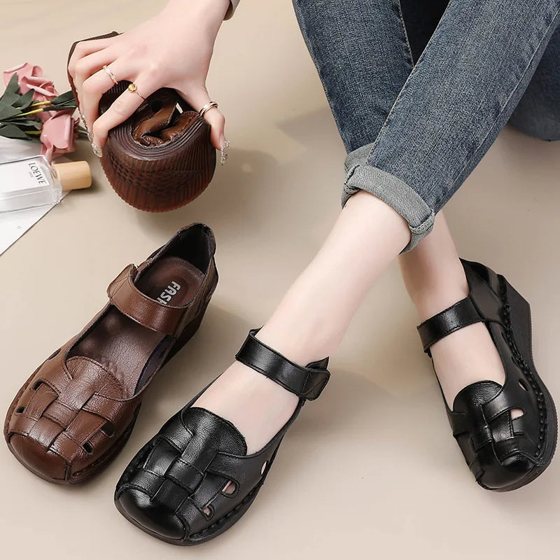 Genuine Leather Woven Shoes Mom Flat Sandals