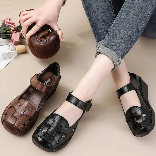 Genuine Leather Woven Shoes Mom Flat Sandals